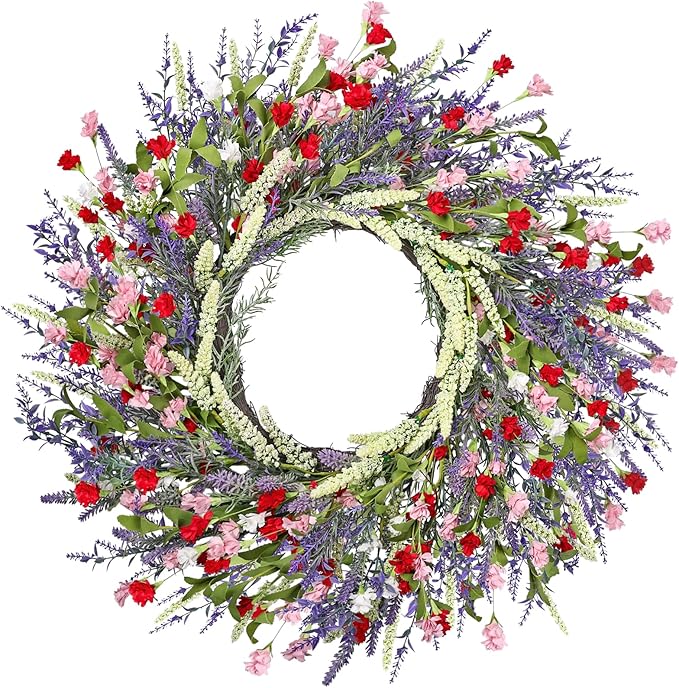26 Inch Lavender Wreath Summer Spring Wreaths for Front Door Wreaths for Front Door for Wedding Farmhouse (Red Pink Lavender)