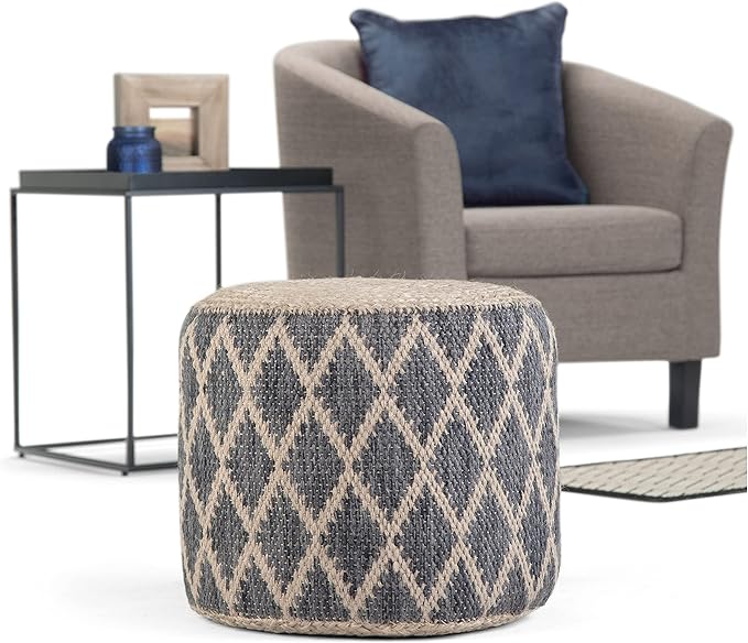 SIMPLIHOME Edgeley Round Pouf - 18 inch Wide Handwoven Jute and Cotton Ottoman in Grey and Natural, Boho-Style Footstool or Extra Seating for Living Room, Bedroom, or Kids Room, Assembled