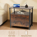 27 inch Wide Night Stand with Charging Station, Bedside Table with Open Shelf, 2 Drawers Small Wood Dresser, Modern Wood Nightstand for Bedroom/Living Room (Rustic Brown)