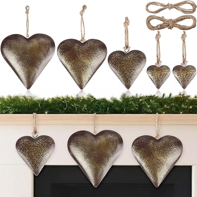 Frienda 8 Pcs Valentine's Day Metal Heart Indoor Outdoor Decorative Cow Bell Rustic Tibetan Inspired Meditation Wind Chime Bell with Jute Hanging Rope for DIY Craft Xmas Wall Decor(Bronze)