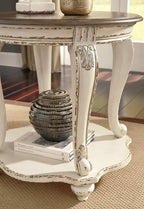 Signature Design by Ashley Realyn Cottage Style Round End Table, Fixed Lower Shelf, Antiqued 2-tone, Finish, Wood, 26" W x 26" D x 25.88" H, White and Brown
