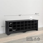 Prepac 24 Pair Shoe Cubby Bench, Entryway Bench, Mud Room Organization and Storage Bench for up to 24 Pairs of Shoes, Black, 15.5"D x 60"W x 20.25"H