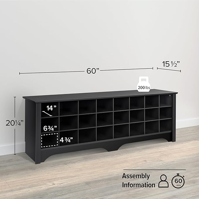 Prepac 24 Pair Shoe Cubby Bench, Entryway Bench, Mud Room Organization and Storage Bench for up to 24 Pairs of Shoes, Black, 15.5"D x 60"W x 20.25"H