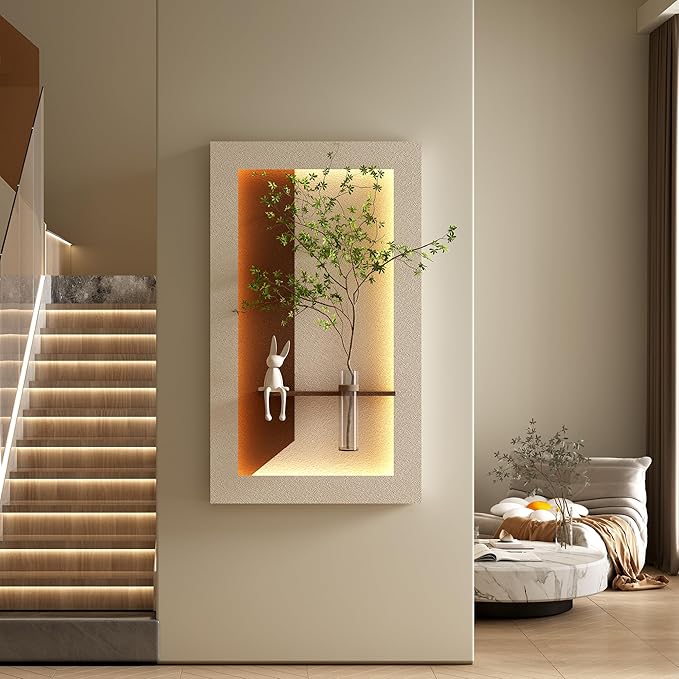 LED Sandstone Wall Decor, 3D Wall Art Sculpture, Simulated Green Plants, Glass Vase & Rabbit Statue, 3 Color Remote Control Light, for Living Room, Bedroom, Hallway(Light Coffee,41.4 * 23.6in)
