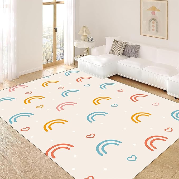 Children's Rainbow Carpet - Girl's Bedroom Living Room Colorful Floor Mats - Soft Washable Anti-Slip Simple Lovely Love Print - Nursery Decoration 2x5ft