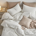 MooMee Striped Duvet Cover Set 100% Washed Cotton Linen Like Textured Breathable Durable Soft Comfy (White Sage Green Wide Stripes, Oversized King Plus 128"x120")