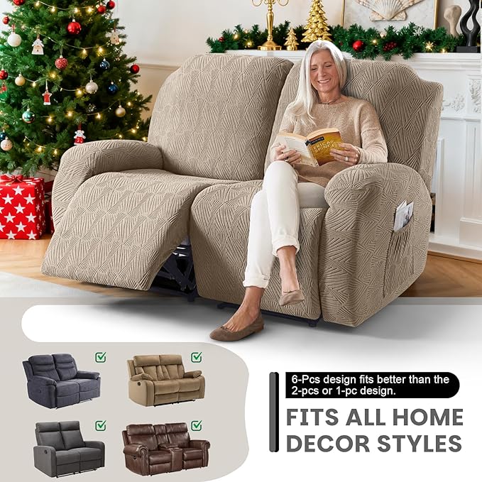 VANSOFY Recliner Loveseat Cover, 6-Pieces Stretch Dual Recliner Sofa Cover Soft Jacquard Reclining Couch Slipcover Furniture Protector with Elastic Bottom for Kid, Pets(2 Seat,Khaki)