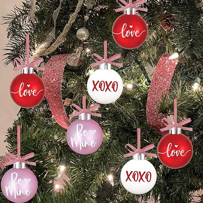 Valentines Tree Decorations, 12 Pcs Valentine Ornaments for Tree, Valentine's Day Hanging Ornament for Christmas Tree, Red Pink White Plastic Ball Ornaments
