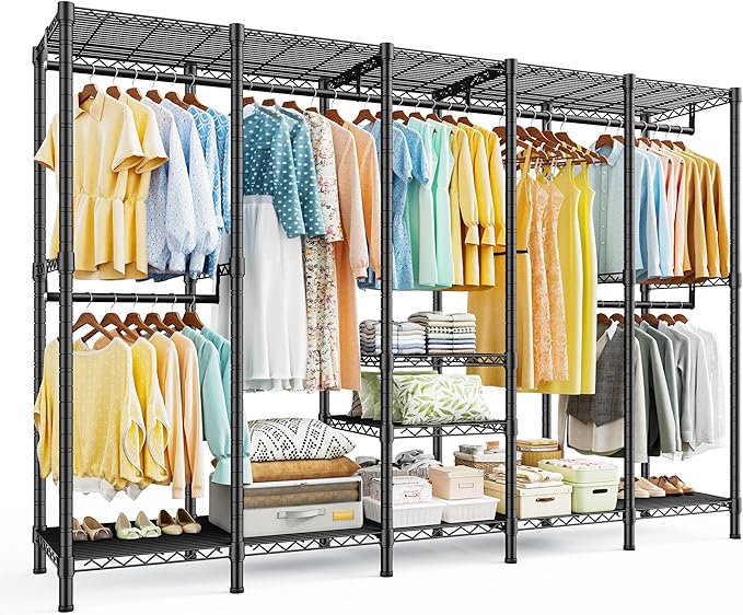Raybee 88.2" W Clothes Rack Heavy Duty Clothing Racks for Hanging Clothes Extra Wide Portable Closet Loads 1200LBS Freestanding Garment Rack for Bedroom 88.2" W x 75.6" H x 15.7" D, Black