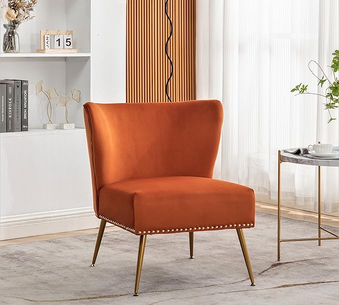 Thia Armless Velvet Accent Chair for Living Room, Elegant Seat with Nailhead Trim, Gold Metal Legs and Comfortable Curved Back, 28" D x 25" W x 29.5" H, Orange Red