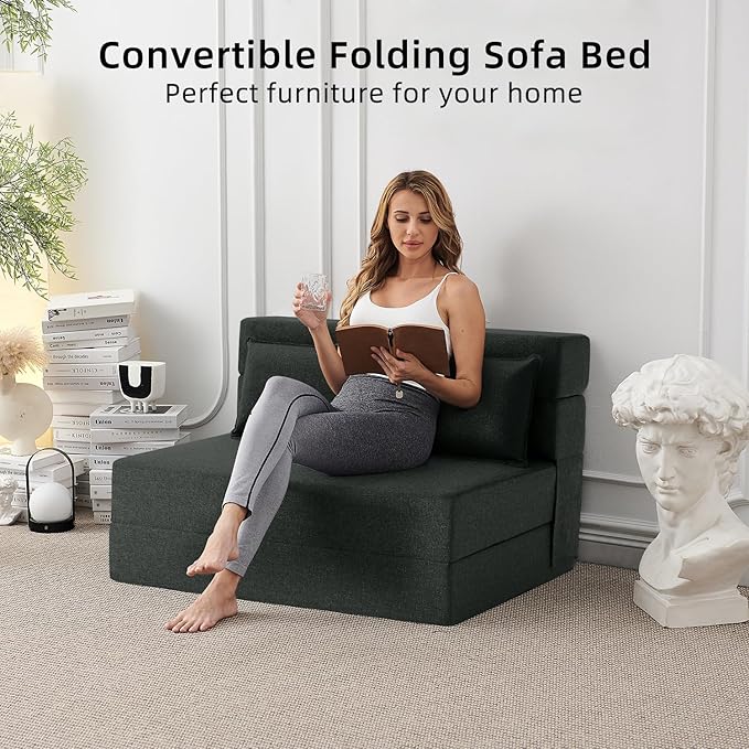 FILUXE Convertible Folding Sofa Bed - Sleeper Chair with Pillow, Modern Linen Fabric Floor & Futon Couch, Foldable Mattress for Living Room/Dorm/Guest/Home Office/Apartment, Standard Size, Dark Gray
