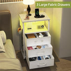Bed Side Table with 3 Fabric Drawers, White Night Stand, LED Nightstand with Hooks, Bedside Table with Charging Station, End Table with Storage, Night Table for Living Room, Bedroom, Dorm