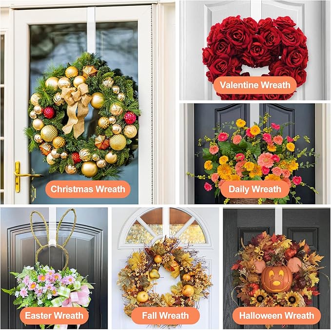 15" Clear Wreath-Hanger Non Scratch Over The Door Hooks,2 Pack Wreath-Door-Hanger Easter Halloween Christmas Decoration,Welcome Sign for Front Door Décor Inside Outside,Slim Hangers Organizer for Home