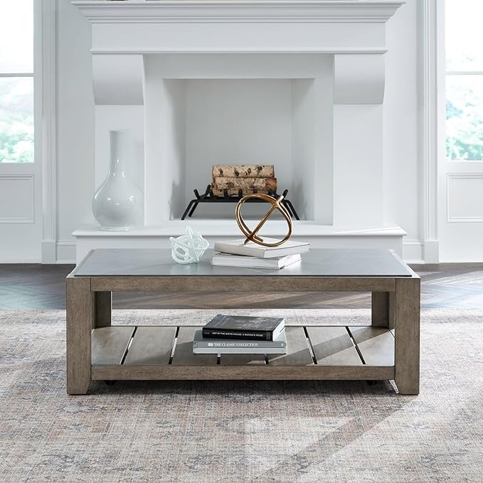 Liberty Furniture Millstone Cocktail Table with Unique Tile Top for Living Room - Nutmeg Oak Wood