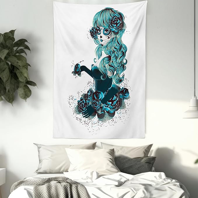 Ambesonne Skull Tapestry Twin Size, Vintage Sugar Shape Girl Day of the Dead Bride Dark Color Roses Graphic, Wall Hanging Bedspread Bed Cover Wall Decor, 68" X 88", Petrol Blue White