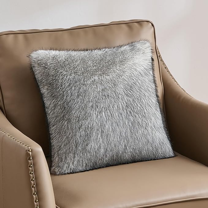 FUTEI Beige Gray Decorative Throw Pillow Covers 18x18 Inch Set of 2,Soft Faux Raccoon Fur Textured Cushion Case,Modern Home Luxurious Decor for Couch Bed Living Room