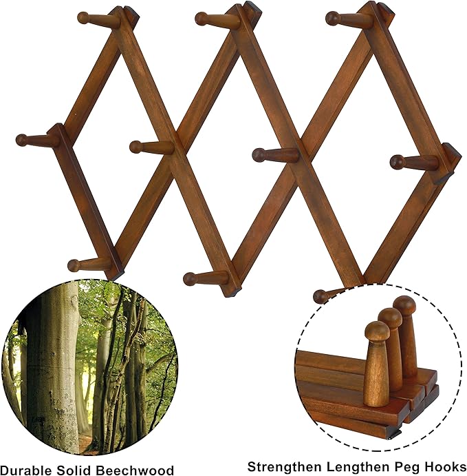 Dseap Accordian Wall Hanger: 16” High Wooden Wall Expandable Coat Rack, Hat Rack Holder, Accordion Hook for Baseball Caps, Coats, Mugs, 10 Peg Hooks, Brown