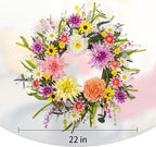 Artificial Spring Wreath 22 Inch Floral Wreaths for Front Door Spring Summer Wreath with Dahlia Daisy Flowers for Indoor Porch Wall Springtime Holidays Easter Celebrations