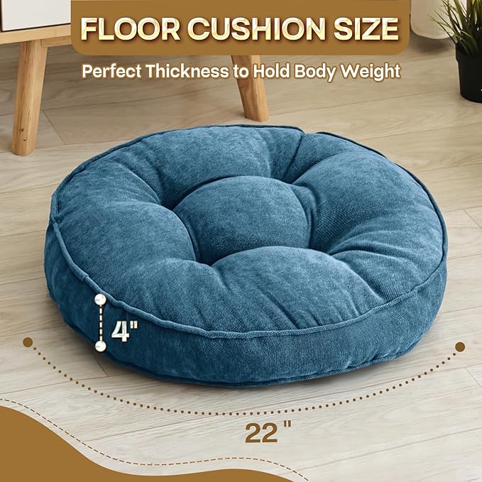 Floor Pillow Set of 2, Memory Foam Floor Cushions for Adults, Large Meditation Pillow for Sitting, 22 x 22 Inches (Round | Navy)