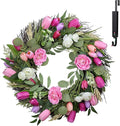 Solar Spring Wreath for Front Door 24inch 50LED Pre-lit Wreaths Spring Summer Decorations Tulips Wreath with Colorful Flowers for Outside Home Decor Festival Farmhouse Decor(2403)