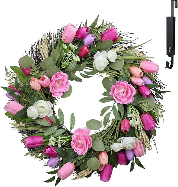 Solar Spring Wreath for Front Door 24inch 50LED Pre-lit Wreaths Spring Summer Decorations Tulips Wreath with Colorful Flowers for Outside Home Decor Festival Farmhouse Decor(2403)
