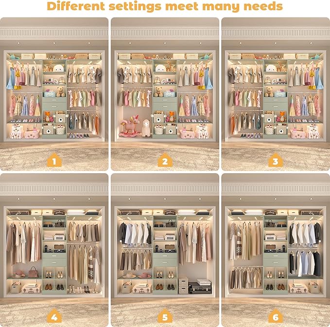 8FT Closet System - 96" Closet Organizer System with Wooden Drawers,Closet Systems for Walk-In Closets with Cuttable Hanging Shelving, Green