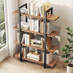 HSH Solid 4 Tier Natural Real Wood Bookshelf, 4 Shelf Rustic Wooden and Metal Bookcase, Farmhouse Open Vintage Industrial Etagere Book Shelf for Office Living Room Bedroom Storage, Distressed Brown