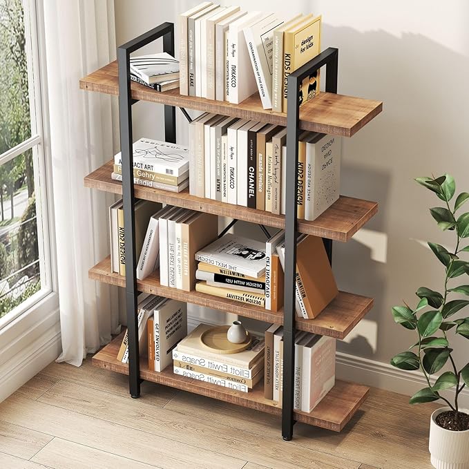 HSH Solid 4 Tier Natural Real Wood Bookshelf, 4 Shelf Rustic Wooden and Metal Bookcase, Farmhouse Open Vintage Industrial Etagere Book Shelf for Office Living Room Bedroom Storage, Distressed Brown