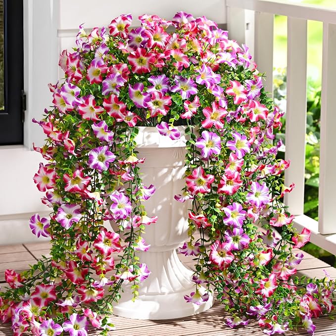 Waipfaru Artificial Petunias Flowers for Outdoors, 4 Pcs UV Resistant Fake Hanging Plants Spring Outside Decor, Faux Silk Flowers Long Trailing Vines for Outdoor Planters Porch Garden (Purple Fuchsia)