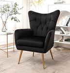 Modern Chic Mid-Century Velvet Accent Armchair for Living Room, Bedroom, or Home Office, Button-Tufted Wingback Design with Gold Flared Legs, Black