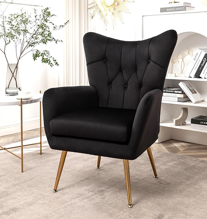 Modern Chic Mid-Century Velvet Accent Armchair for Living Room, Bedroom, or Home Office, Button-Tufted Wingback Design with Gold Flared Legs, Black