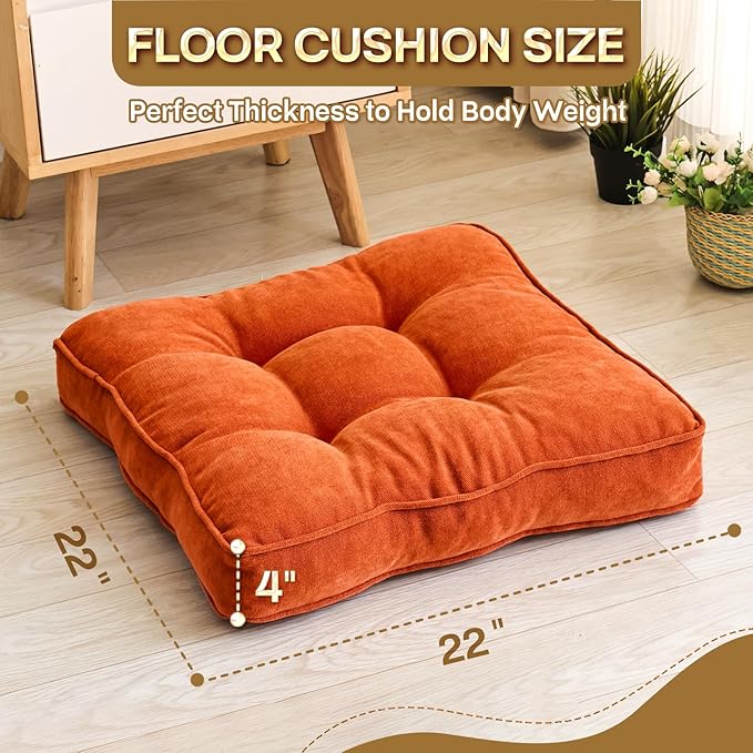 Floor Pillow Set of 2, Memory Foam Floor Cushions for Adults, Large Meditation Pillow for Sitting, 22 x 22 Inches (Square | Orange)