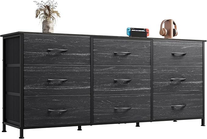 WLIVE 54''W Dresser for Bedroom, Black Dresser TV Stand for 55, 60, 65 inch TV, Wide Chest of Drawers with 9 Drawer, Large Entertainment Center, Fabric Dressers with Wood Top for Closet, Living Room
