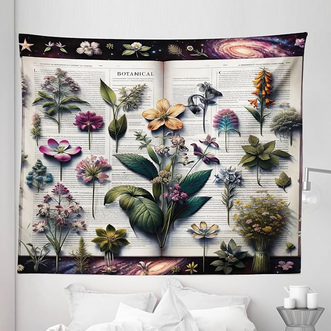 Ambesonne Botanic Tapestry King Size, Wildflowers on an Open Vintage Book with Galactic Milky Way Swirls, Wall Hanging Bedspread Bed Cover Wall Decor, 104" X 88", Forest Green and Multicolor
