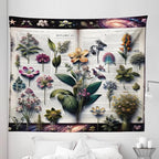 Ambesonne Botanic Tapestry King Size, Wildflowers on an Open Vintage Book with Galactic Milky Way Swirls, Wall Hanging Bedspread Bed Cover Wall Decor, 104" X 88", Forest Green and Multicolor