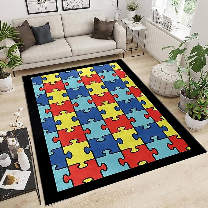 Colorful Puzzle Rug Baby Childrens Playing Exercise Education Learning Decor Floor Mats Black Border Throw Mats Boys Girls Playtime Area Rug for Indoor Kid Room Playroom Nursery Porch, 3x4ft