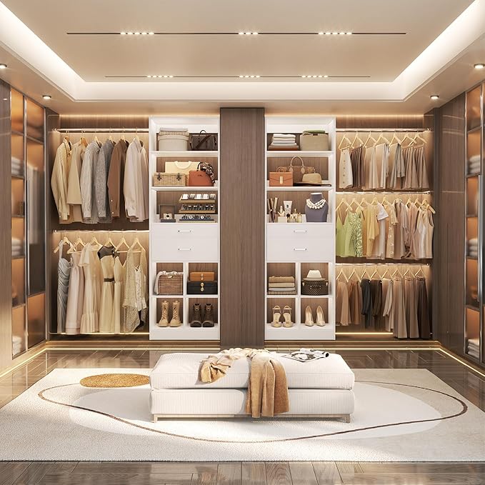 Closet System, 4-8 FT Closet Organizer Tower with 2 Wooden Drawers and 5 Hanging Rods, Can Fit 60 to 96 inch Walk-in Closet System, White