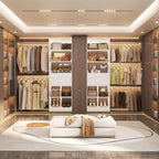 Closet System, 4-8 FT Closet Organizer Tower with 2 Wooden Drawers and 5 Hanging Rods, Can Fit 60 to 96 inch Walk-in Closet System, White