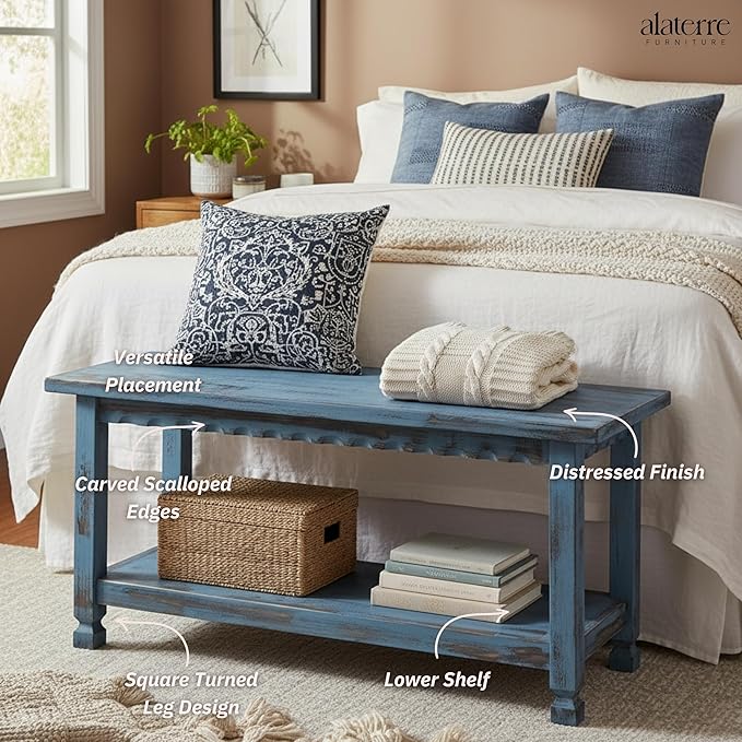 Country Cottage Entryway Bench with Storage Shelf – 36 Inch Solid Wood Farmhouse Bench in Antique Blue Distressed Finish for Rustic Hallway or Living Room Accent by Alaterre Furniture