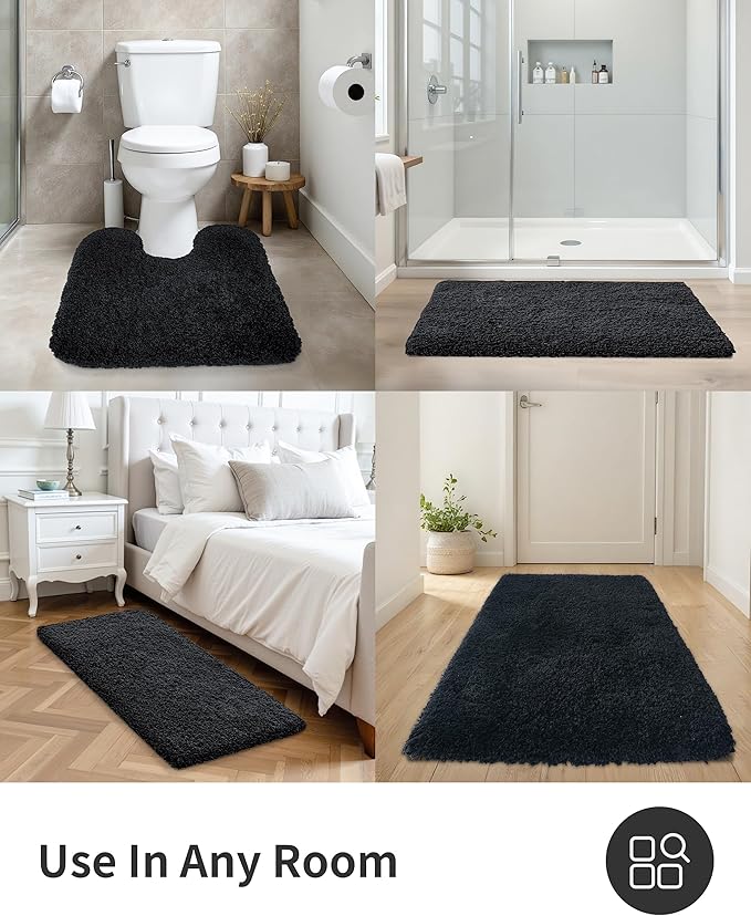 ILANGO Black Bathroom Rugs 70" × 24" Non Slip & Super Absorbent Thick Soft, Washable Bath Carpet Runner for Floor, Microfiber Plush Shaggy Bath Mats with Rubber for Bedroom Bathtub Shower Room