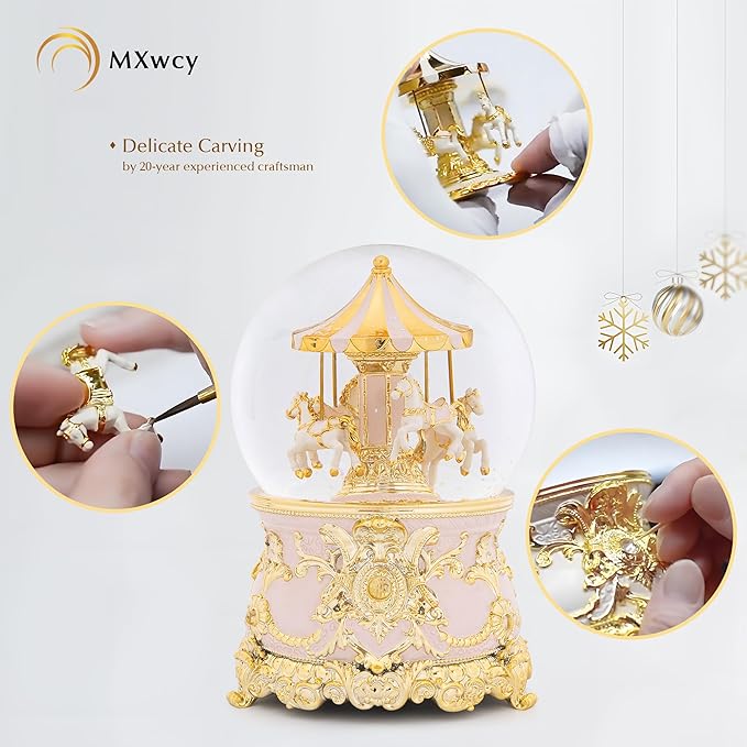 Carousel Horse Music Box Gold Pink Christmas Snow Globes Lantern Whirling Snow Globe Gift for Girls Women Mom Christmas Birthday Day Home Decoration