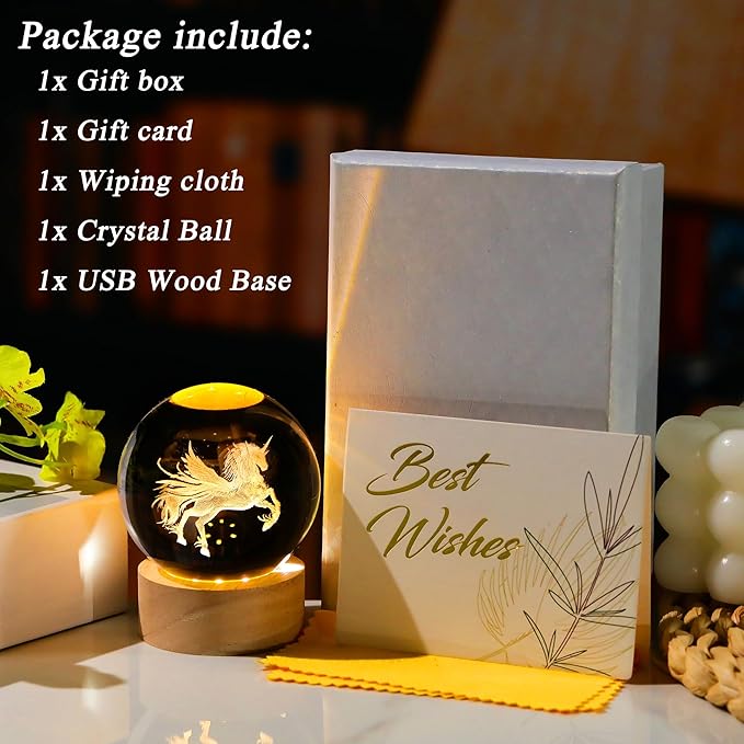 3D Unicorn Crystal Ball with Wooden Light Base Glass Unicorns Figurine Gifts for Women Daughter Lovers for Birthday Valentine's Day Christmas Decor Lamp Paperweight (Diameter 2.36 inches)