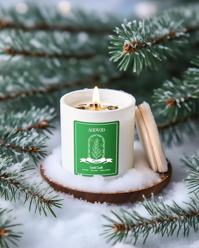 AOOVOO Cedar Scented Candles for Women - Aromatherapy Candle with Crystals Inside, 10oz Soy Candles for Home Scented, Birthday Gifts Valentines Day Candle for Women Mom