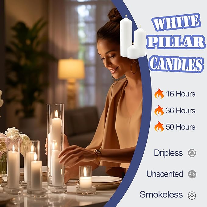 36 Pcs White Pillar Candles Bulk Set，2x3 2x6 2x8 Inch - 12 Each Size，Hurricane Candles，Dripless Unscented Smokeless，Gives You a Better Atmosphere When Organizing an Event Party.