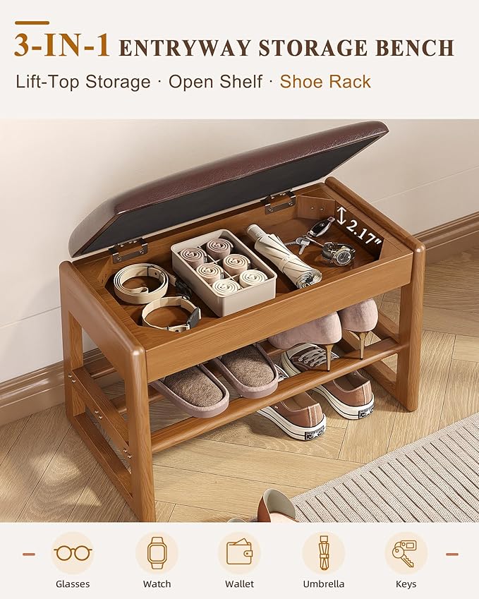 Shoe Rack Bench Seat Rubberwood 2-Tier Wooden Storage Bench 550lbs Compact Mid-Century Modern Design for Entryway, Hallway, Closet, Front Door Entrance, Foyer