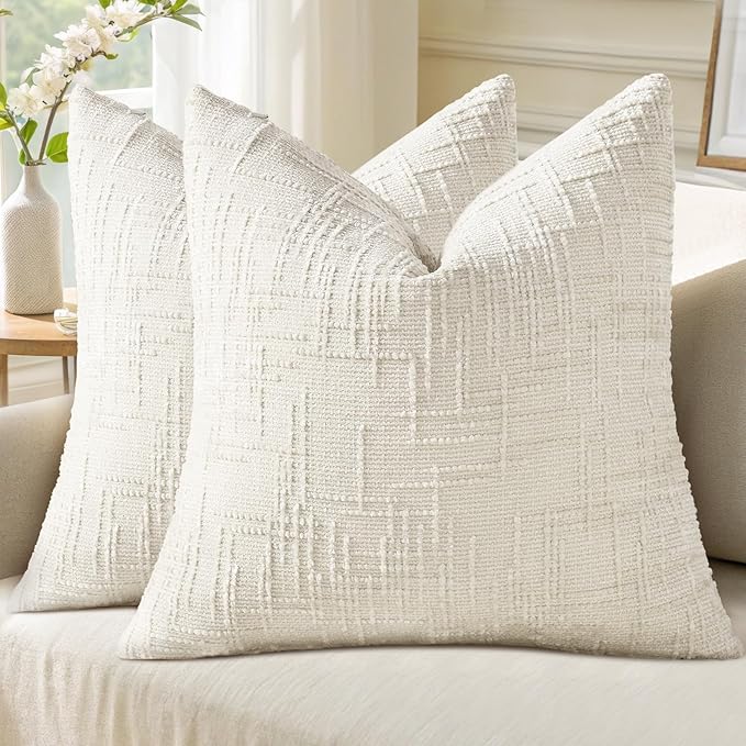 decorUhome Spring Cream White Chenille Euro Sham Throw Pillow Covers 24x24 Set of 2 Textured Slubby Couch Pillow Covers Farmhouse Accent Modern Neutral Decorative Pillow Cases for Bed Sofa Living Room