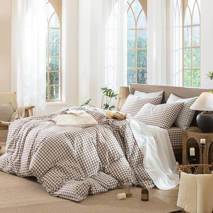 MooMee Gingham Duvet Cover Set 100% Washed Cotton Linen Like Textured Breathable Durable Soft Comfy Modern Checkered Design (Brown Gingham, King 104"x90")