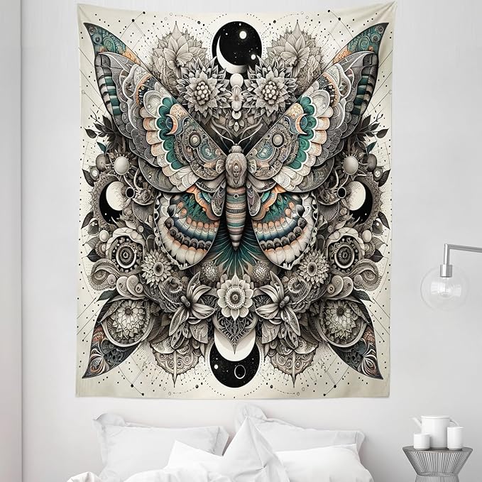 Ambesonne Mandala Tapestry Twin Size, Medieval Esotery Inspired Oriental Moth with Floral Details Witchcore, Wall Hanging Bedspread Bed Cover Wall Decor, 68" X 88", Grey Yellow Green Sepia