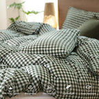 MooMee Gingham Duvet Cover Set 100% Washed Cotton Linen Like Textured Breathable Durable Soft Comfy Modern Checkered Design (Forest Green Gingham, King 104"x90")