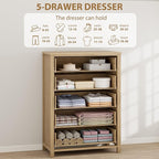 IDEALHOUSE Rattan Dresser for Bedroom with 5 Drawers, 45'' Tall Chest of Large Drawers with Large Clothes Storage Cabinet, Wood Bedroom Dresser, TV Stand for Nursery, Living Room, Enterway